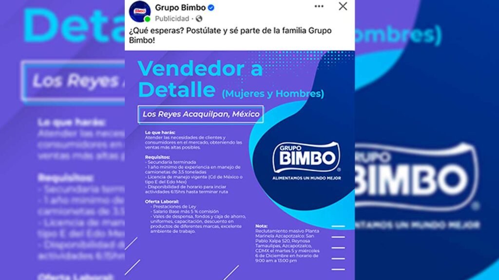 Vacantes Grupo Bimbo: Buscan vendedor a detalle, requisitos y salario 2 Se dan prestaciones